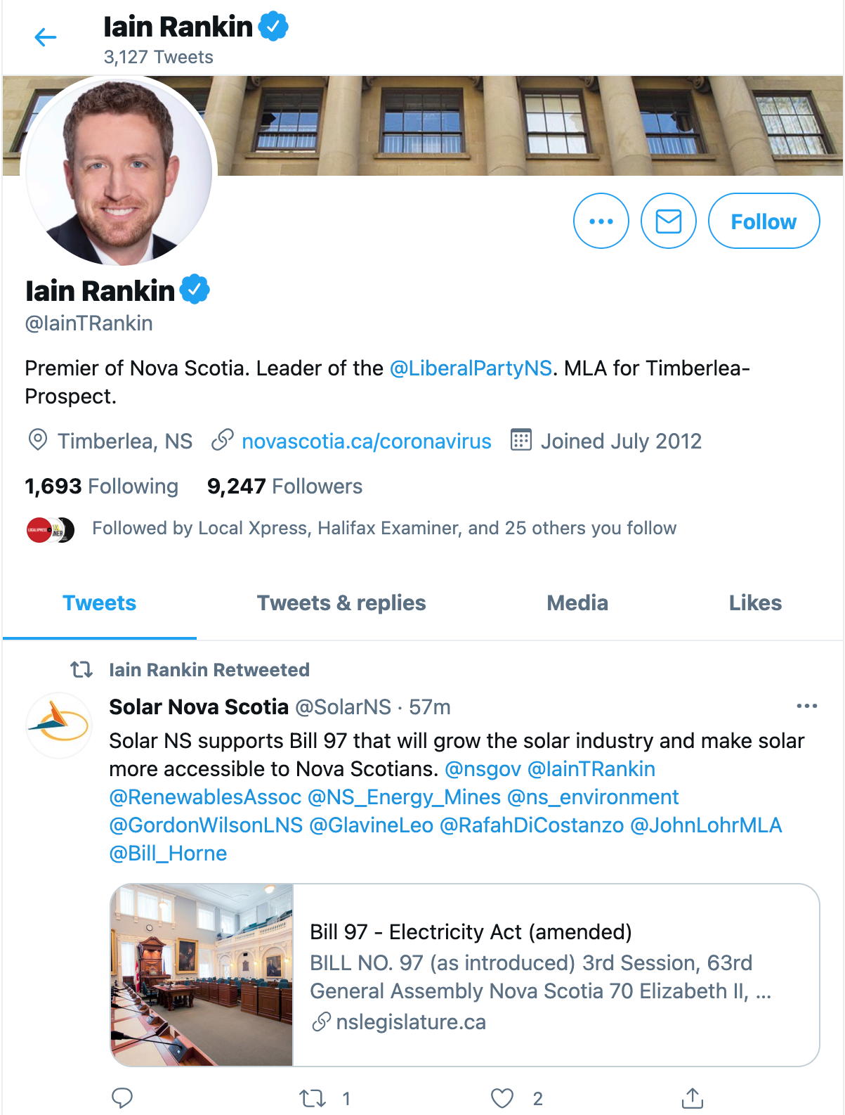 Premier Iain Rankin retweets Solar NS' 